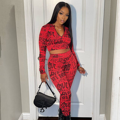 Letter Print Tracksuit Two Piece Set